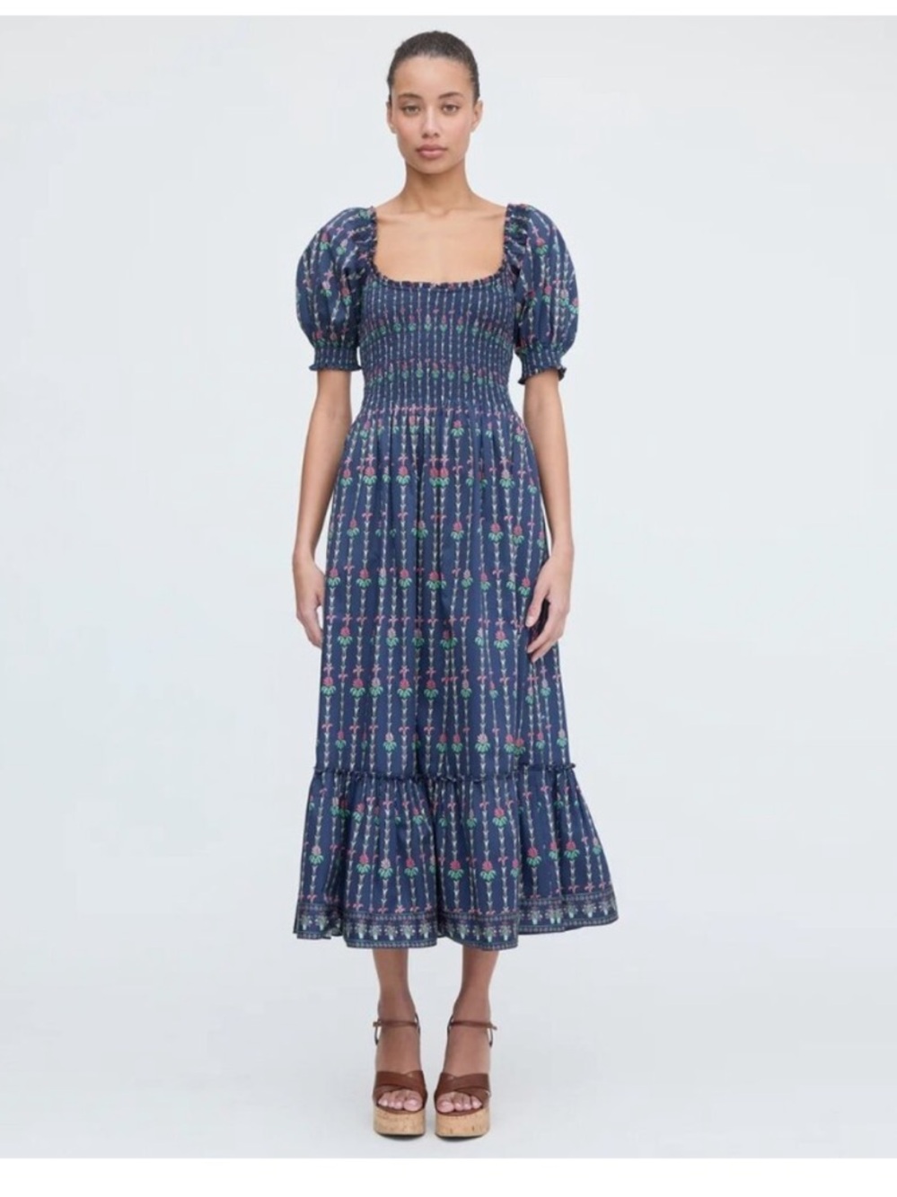 Navy Floral Midi Dress with Puff Sleeves